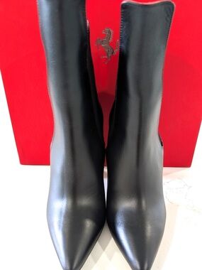 FERRARI Luxury Brushed Leather High Heel Boots Black It 36 US 6 New Metal Heel